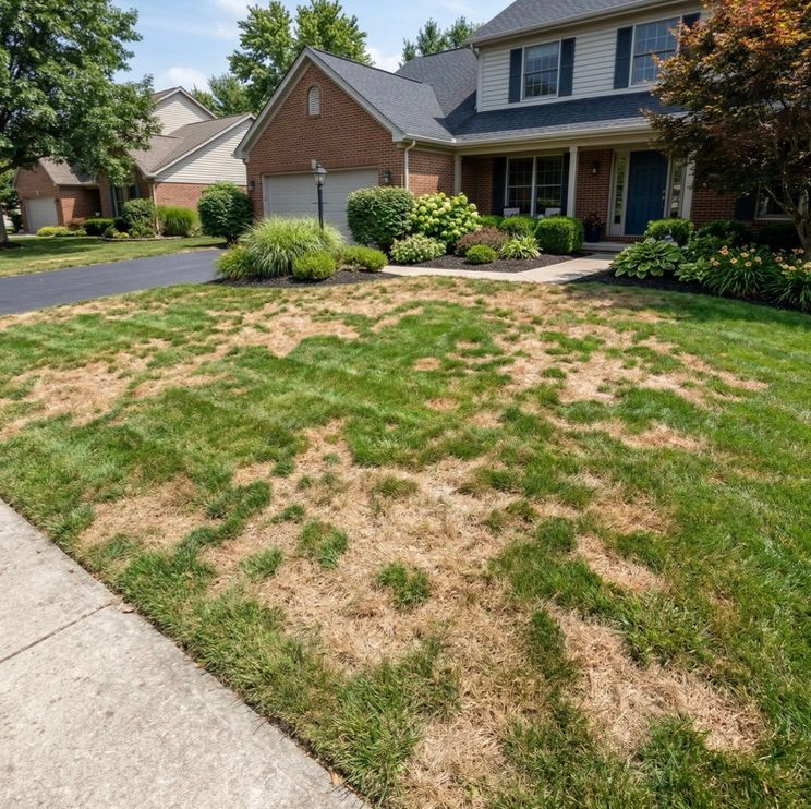 Lawn with brown patches next to healthy green grass
