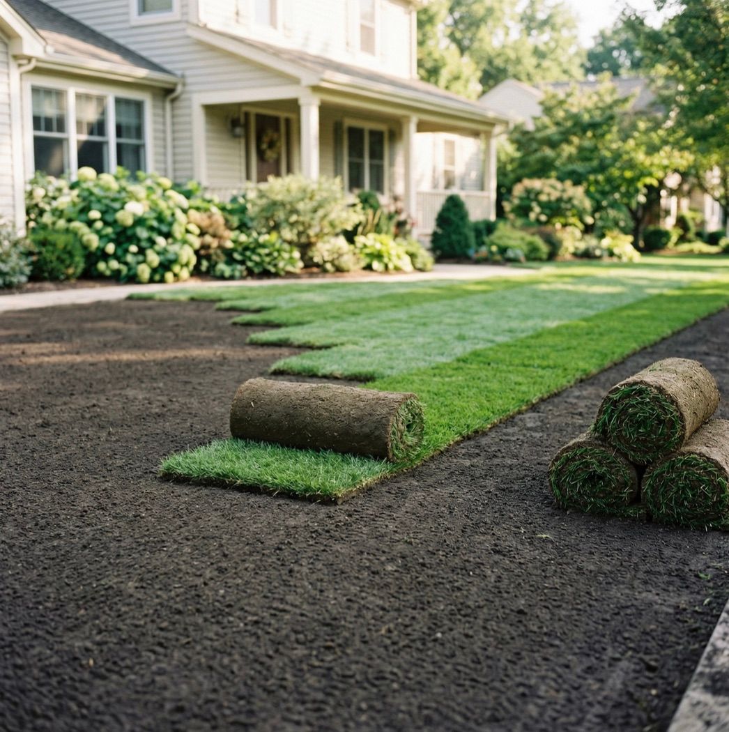 Fresh sod being laid on prepared soil in a Minnesota yard
