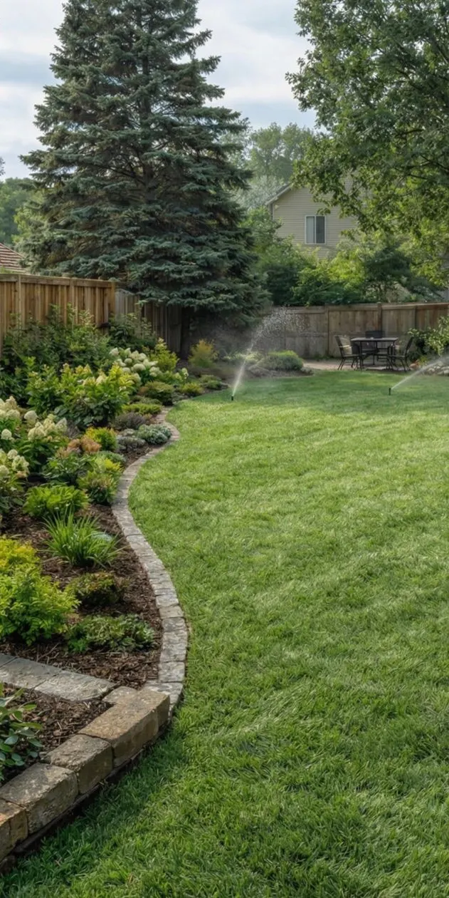 Backyard after renovation: fresh sod, stone-edged garden bed, and sprinklers running