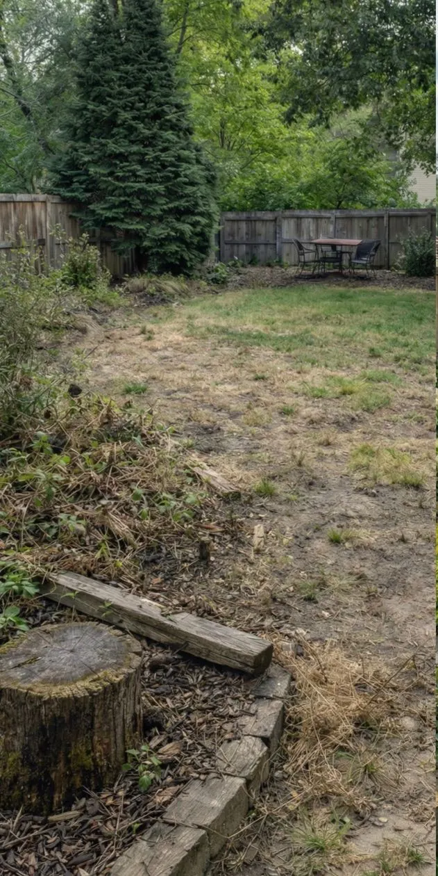 Backyard before renovation: patchy dead grass, bare dirt, and an old stump