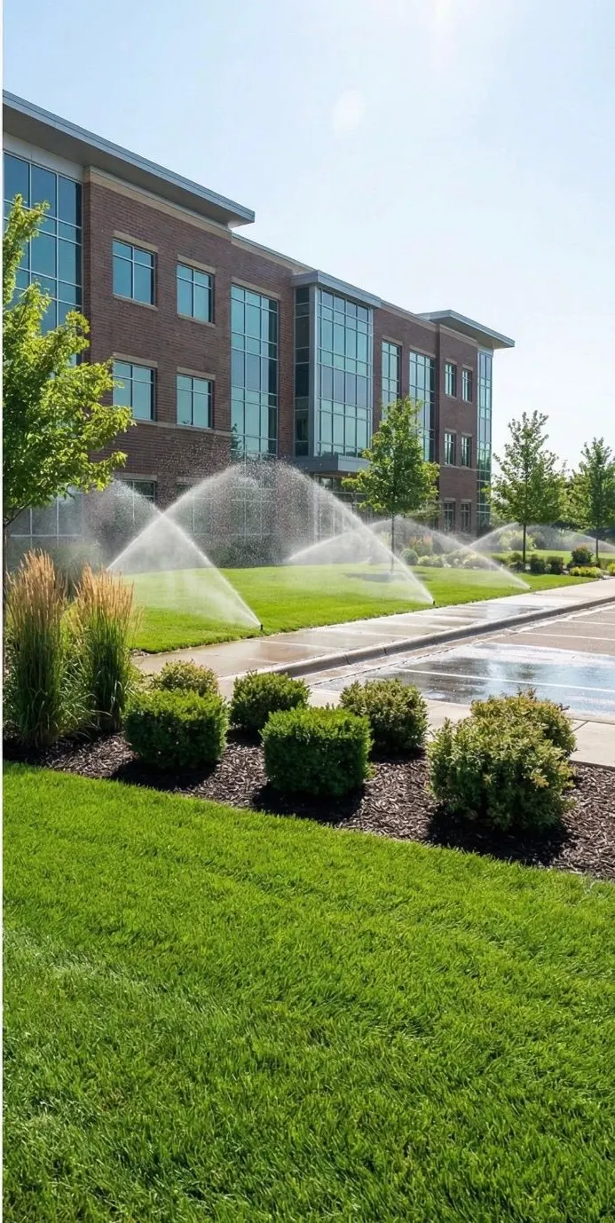 Office building grounds after: green turf with sprinklers running and planted beds