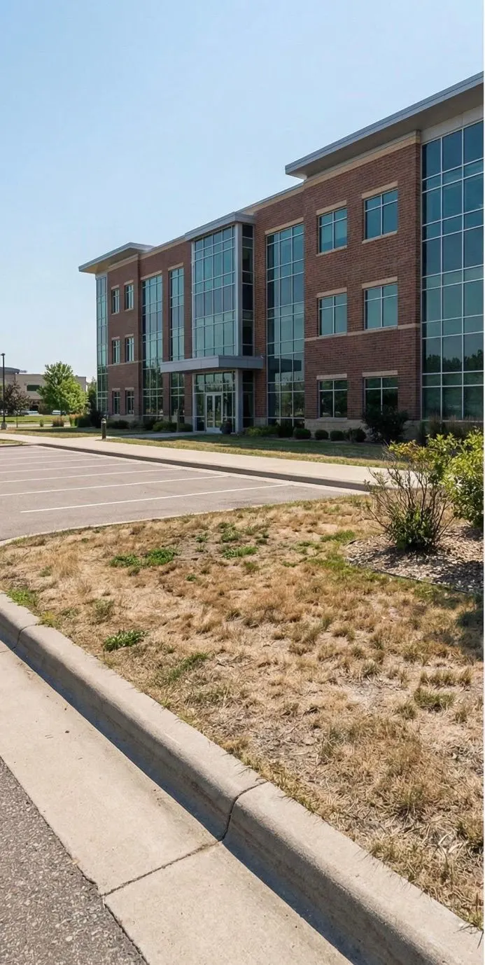 Office building grounds before: brown drought-stressed turf and bare beds