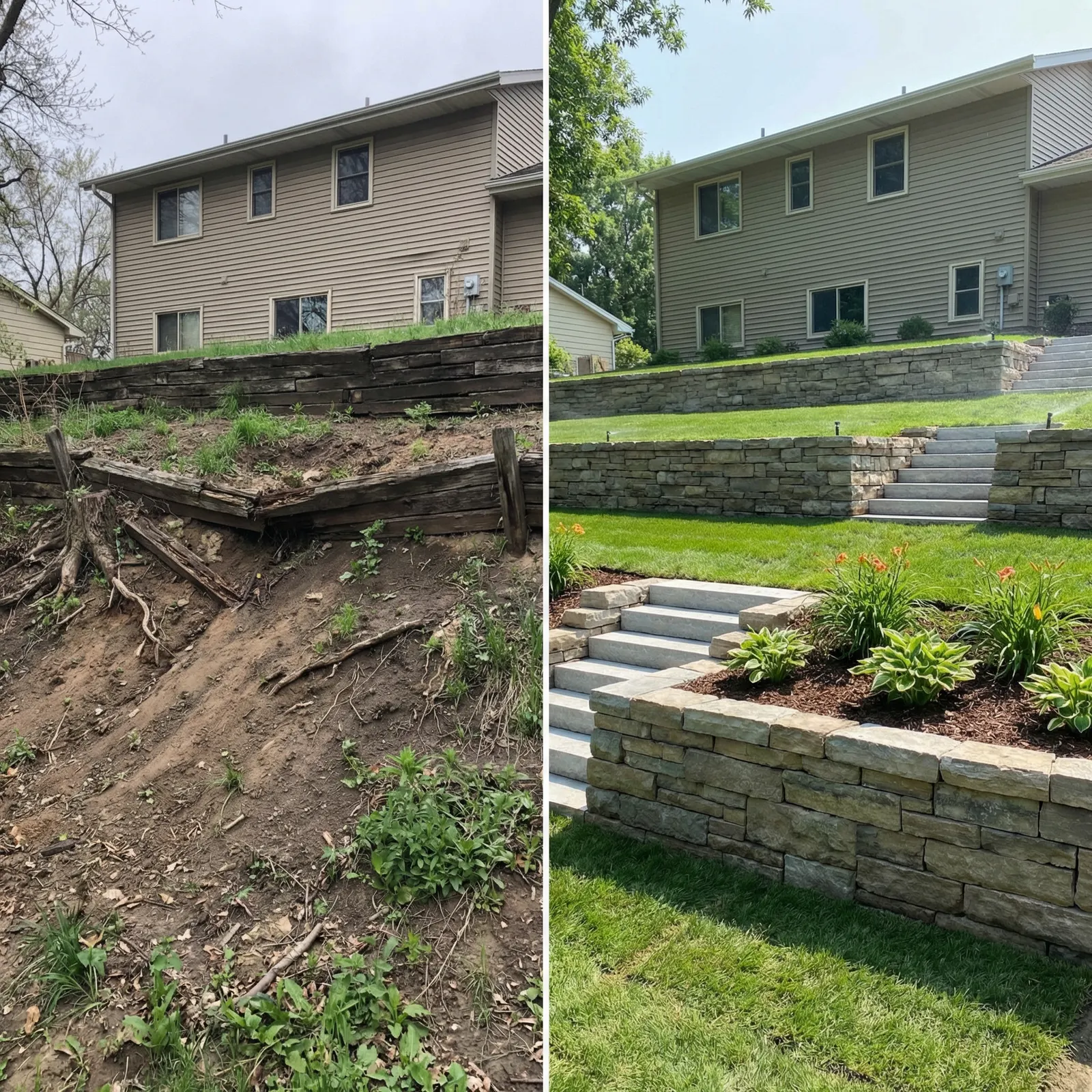 Retaining wall and stone steps landscaping